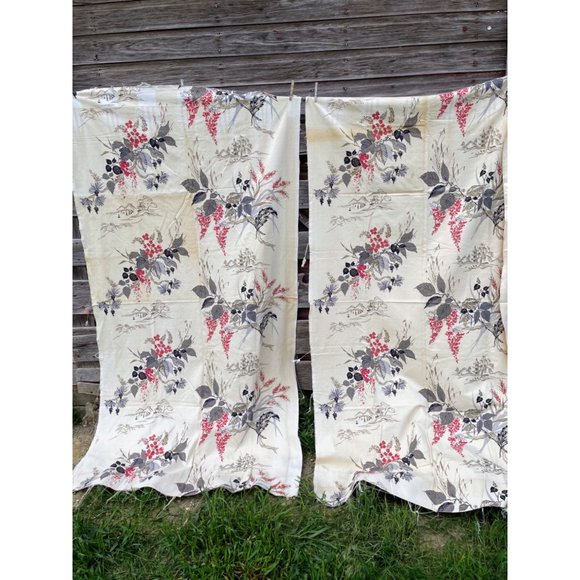 Unbranded Other - Vintage 1940s Salvaged Barkcloth Curtain Fabric Panels Floral Pagoda Houses